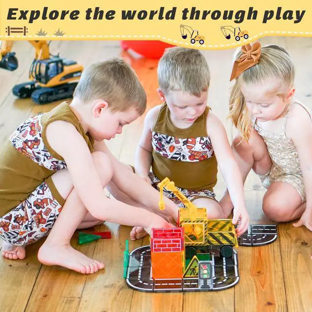 Alt view image 7 of 7 - Kids Games Magnetic Tiles Road Set with Extendable Magnetic Crane, City Construction Building Toys for Toddlers STEM Preschool Ages 4-6 5-7, Gifts for 3+ Year Old Boys Girls Kids Toys with Car