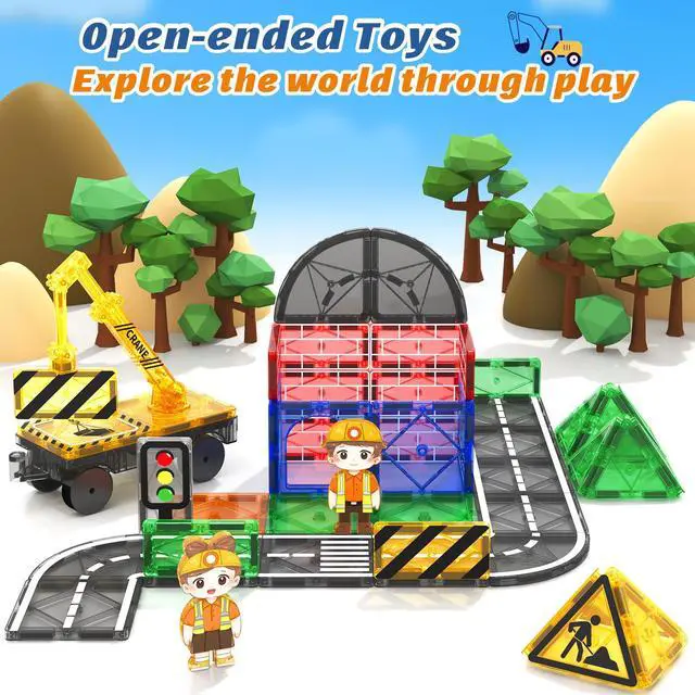 Alt view image 5 of 7 - Kids Games Magnetic Tiles Road Set with Extendable Magnetic Crane, City Construction Building Toys for Toddlers STEM Preschool Ages 4-6 5-7, Gifts for 3+ Year Old Boys Girls Kids Toys with Car