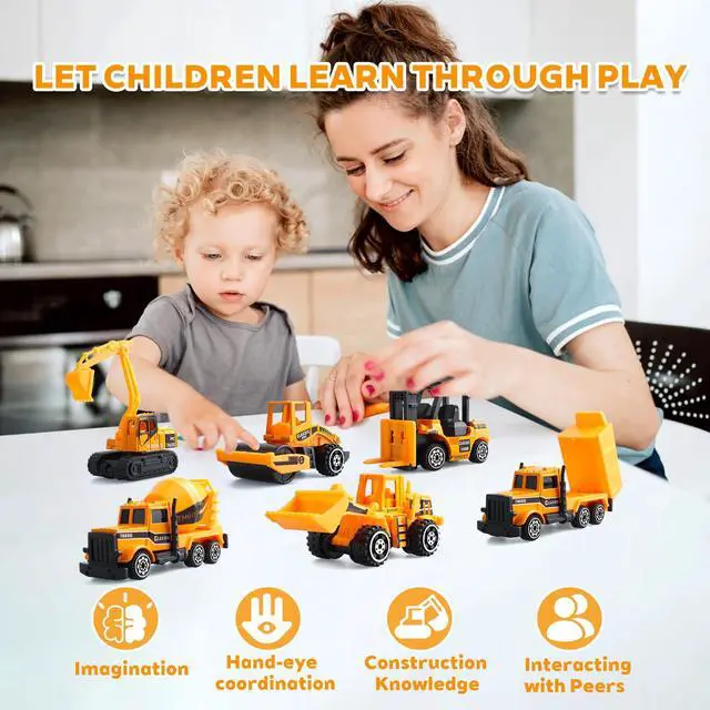 Alt view image 2 of 7 - 6 Pack Diecast Construction Vehicles Toys - Mini Digger Cake Toppers - Bulldozer Dump Truck Small Toy Car Set for Kids Children Boys Girls - Gifts for 3 4 5 6 7 Year Olds