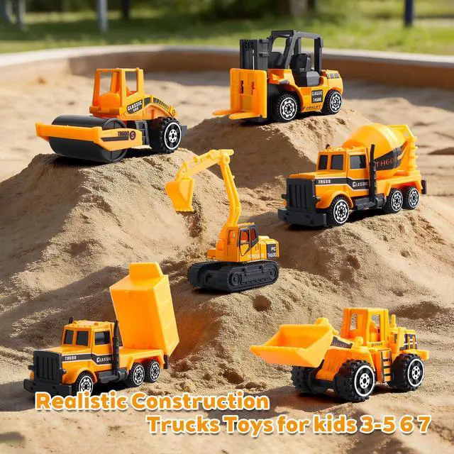 Alt view image 3 of 7 - 6 Pack Diecast Construction Vehicles Toys - Mini Digger Cake Toppers - Bulldozer Dump Truck Small Toy Car Set for Kids Children Boys Girls - Gifts for 3 4 5 6 7 Year Olds