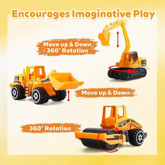 Alt view image 4 of 7 - 6 Pack Diecast Construction Vehicles Toys - Mini Digger Cake Toppers - Bulldozer Dump Truck Small Toy Car Set for Kids Children Boys Girls - Gifts for 3 4 5 6 7 Year Olds
