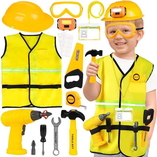 Main image of Construction Worker Costume with Electric Drill for Kids Ages 4-12