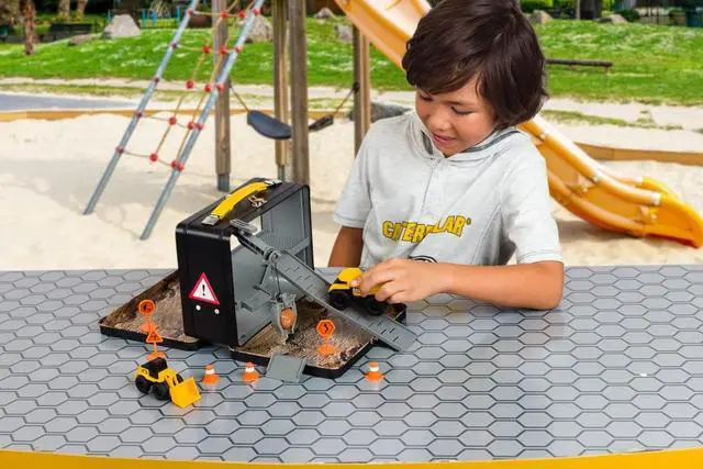 Alt view image 2 of 7 - Construction Toys, Store N Go Playset - Tin Travel Case Transforms into Multi-Level Worksite, Includes 2 Little Machines Vehicles & 10 + Accessories, Portable STEM Toy for Kids Ages 3 +
