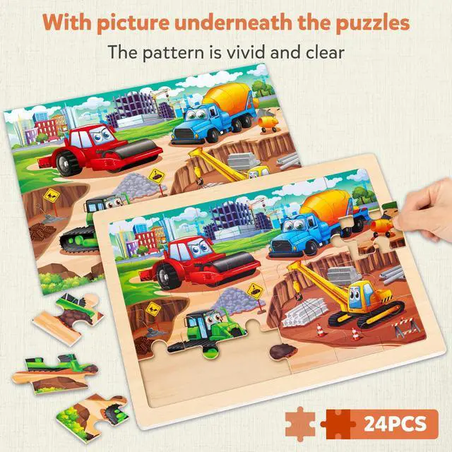 Alt view image 3 of 7 - Large Wooden Construction Vehicle Puzzles for Kids Ages 4-6