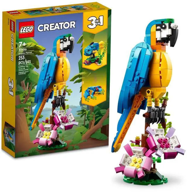 Main image of Creator 3 in 1 Exotic Parrot Building Toy Set, Transforms to 3 Different Animal Figures - from Colorful Parrot, to Swimming Fish, to Cute Frog, Creative Toys for Kids Ages 7 and Up, 31136