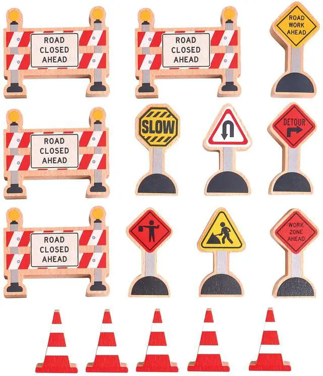 Main image of 16 Pc Wooden Construction Signs and Traffic Cones - Construction Site Road Signs -Community Helpers Educational Preschool Street Track Accessories