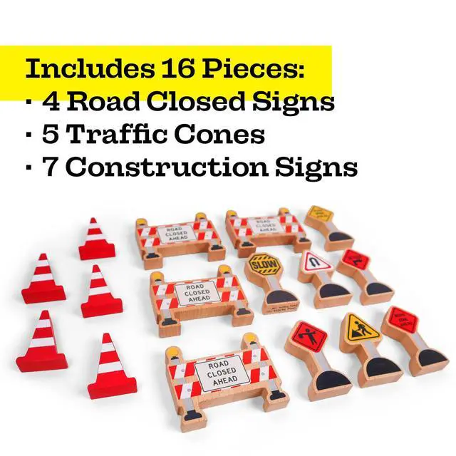 Alt view image 3 of 7 - 16 Pc Wooden Construction Signs and Traffic Cones - Construction Site Road Signs -Community Helpers Educational Preschool Street Track Accessories