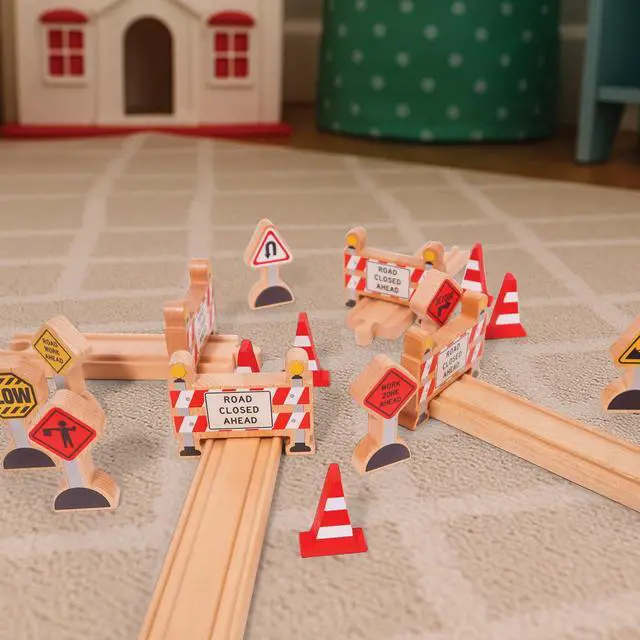 Alt view image 7 of 7 - 16 Pc Wooden Construction Signs and Traffic Cones - Construction Site Road Signs -Community Helpers Educational Preschool Street Track Accessories