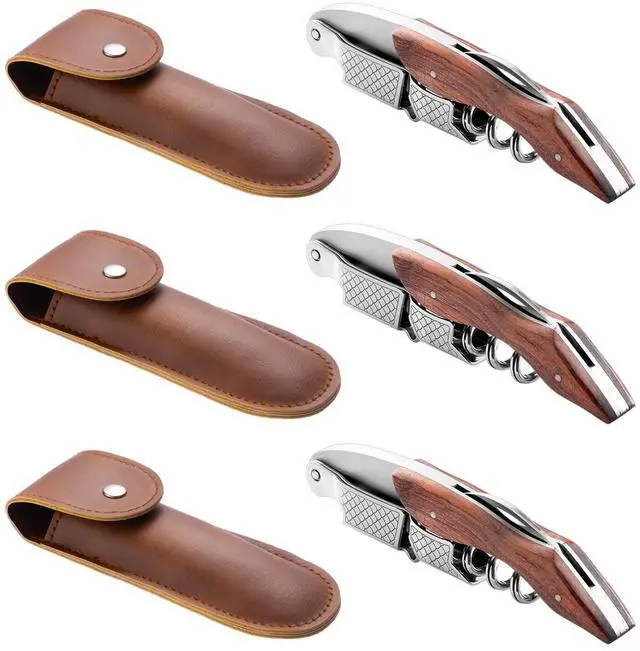 Main image of 3-Pack Professional Waiter Corkscrew Wine Key with Leather Protection Gift Bag, Long Rosewood Handle Stainless Steel Handle Wine Opener for Bar Restaurant Waiters, Sommelier, Bartend, Rosewood Hand