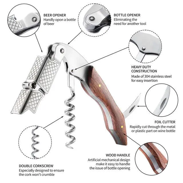 Alt view image 4 of 7 - 3-Pack Professional Waiter Corkscrew Wine Key with Leather Protection Gift Bag, Long Rosewood Handle Stainless Steel Handle Wine Opener for Bar Restaurant Waiters, Sommelier, Bartend, Rosewood Hand