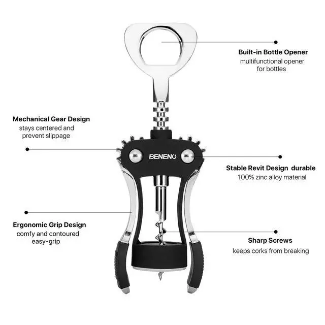 Alt view image 3 of 7 - Premium Classic Wing Corkscrew Wine Opener and Bottle Opener, Black