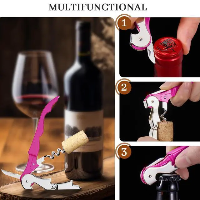 Alt view image 5 of 7 - 2-Pack Wine Opener, Waiter Corkscrew Wine Key for Server, Fuchsia