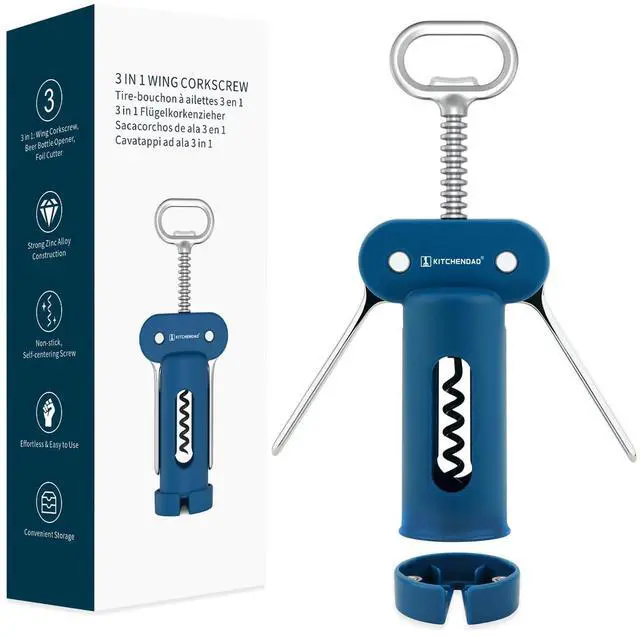 Main image of 3 in 1 Wing Corkscrew Wine Bottle Opener with Foil Cutter, Built-in Beer Bottle Opener, Multifunctional Wine Opener with Non-Stick Sharp Screw, Easy to Use, Manual Wine Corkscrew, Blue