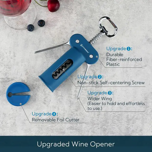 Alt view image 2 of 7 - 3 in 1 Wing Corkscrew Wine Bottle Opener with Foil Cutter, Built-in Beer Bottle Opener, Multifunctional Wine Opener with Non-Stick Sharp Screw, Easy to Use, Manual Wine Corkscrew, Blue