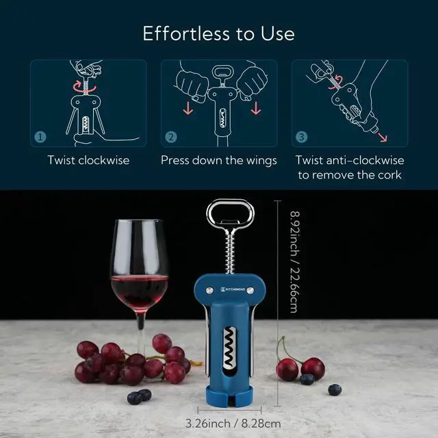 Alt view image 6 of 7 - 3 in 1 Wing Corkscrew Wine Bottle Opener with Foil Cutter, Built-in Beer Bottle Opener, Multifunctional Wine Opener with Non-Stick Sharp Screw, Easy to Use, Manual Wine Corkscrew, Blue