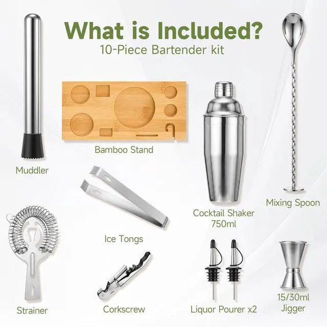 Alt view image 2 of 7 - 10PCS Stainless Steel Cocktail Shaker Set Bartender Kit with Stand