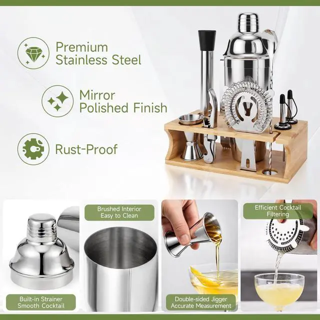 Alt view image 3 of 7 - 10PCS Stainless Steel Cocktail Shaker Set Bartender Kit with Stand