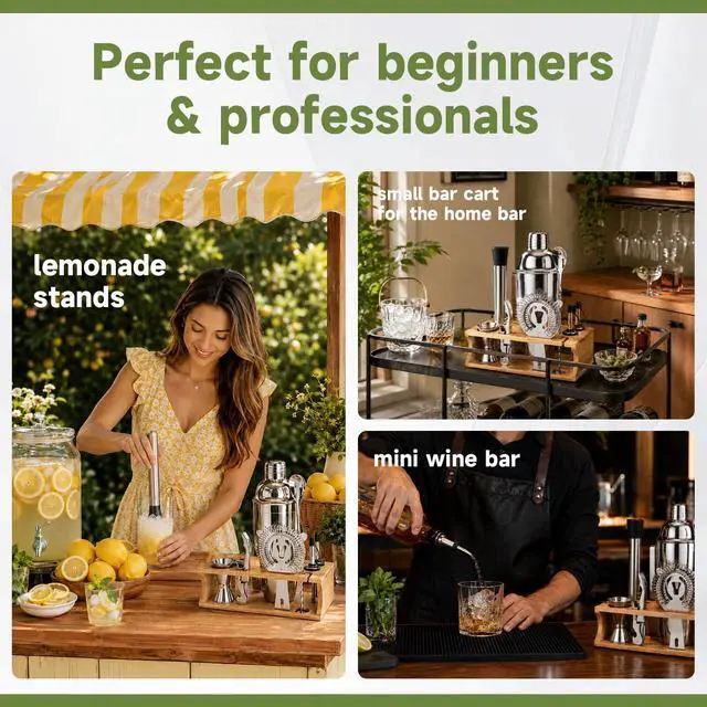 Alt view image 6 of 7 - 10PCS Stainless Steel Cocktail Shaker Set Bartender Kit with Stand