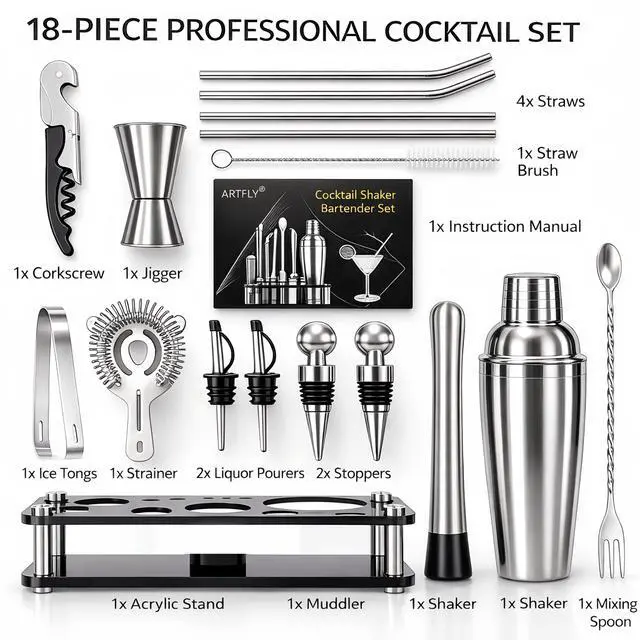 Alt view image 2 of 6 - Cocktail Shaker Set, 18-Piece Bartender Kit with Acrylic Stand, 18/8 Stainless Steel Bar Set with Martini Shaker, Jigger, Muddler & Recipe Book for Home Bar