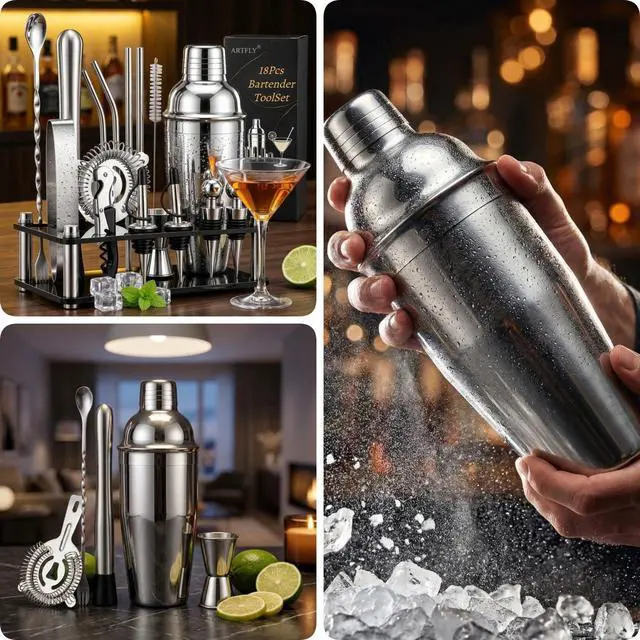 Alt view image 4 of 6 - Cocktail Shaker Set, 18-Piece Bartender Kit with Acrylic Stand, 18/8 Stainless Steel Bar Set with Martini Shaker, Jigger, Muddler & Recipe Book for Home Bar