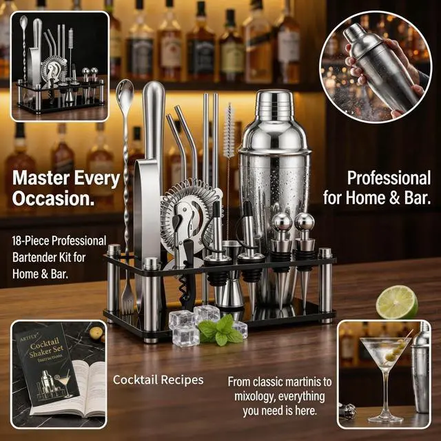 Alt view image 5 of 6 - Cocktail Shaker Set, 18-Piece Bartender Kit with Acrylic Stand, 18/8 Stainless Steel Bar Set with Martini Shaker, Jigger, Muddler & Recipe Book for Home Bar