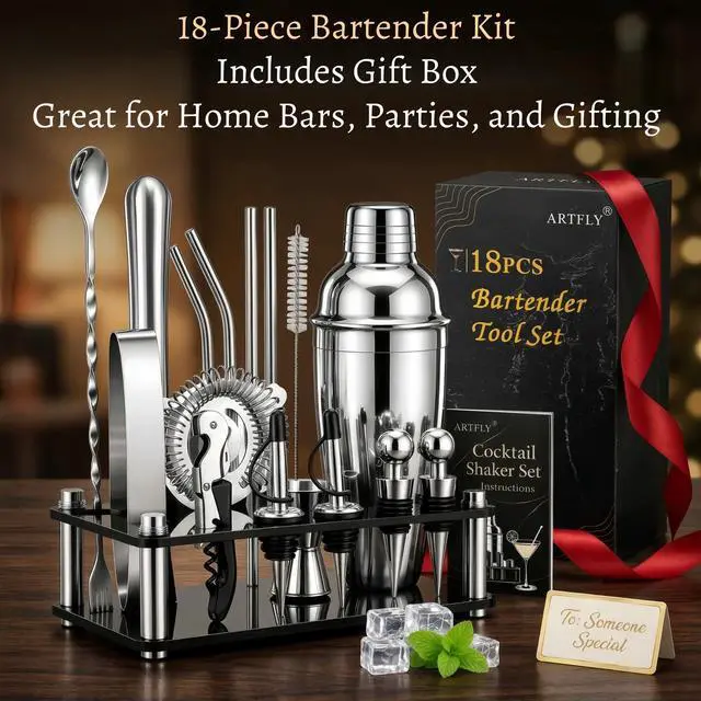 Alt view image 6 of 6 - Cocktail Shaker Set, 18-Piece Bartender Kit with Acrylic Stand, 18/8 Stainless Steel Bar Set with Martini Shaker, Jigger, Muddler & Recipe Book for Home Bar