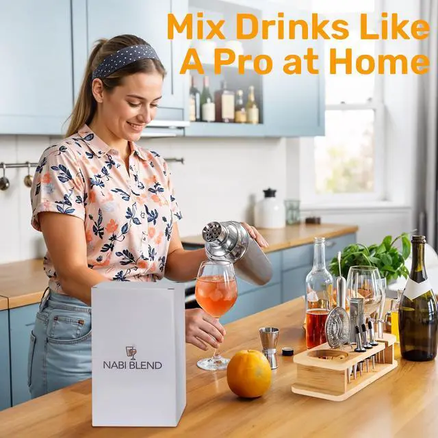 Alt view image 2 of 7 - 16 Piece Bartender Kit with Bamboo Stand | Cocktail Shaker Set Essential Bar Tools Wine Shaker Ice Filter Mixing Spoon Jigger Wine Dispenser