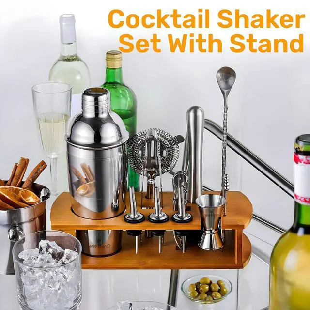 Alt view image 4 of 7 - 16 Piece Bartender Kit with Bamboo Stand | Cocktail Shaker Set Essential Bar Tools Wine Shaker Ice Filter Mixing Spoon Jigger Wine Dispenser