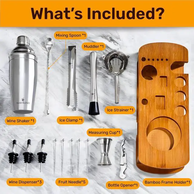 Alt view image 6 of 7 - 16 Piece Bartender Kit with Bamboo Stand | Cocktail Shaker Set Essential Bar Tools Wine Shaker Ice Filter Mixing Spoon Jigger Wine Dispenser