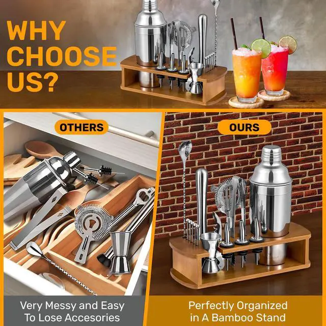 Alt view image 5 of 7 - 16 Piece Bartender Kit with Bamboo Stand | Cocktail Shaker Set Essential Bar Tools Wine Shaker Ice Filter Mixing Spoon Jigger Wine Dispenser