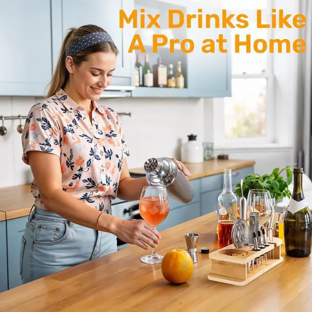 Alt view image 7 of 7 - 16 Piece Bartender Kit with Bamboo Stand | Cocktail Shaker Set Essential Bar Tools Wine Shaker Ice Filter Mixing Spoon Jigger Wine Dispenser