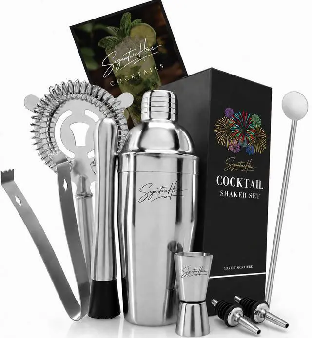 Main image of Cocktail Shaker Set SignatureHour 24 oz Stainless Steel 9-Piece Bartender Kit Jigger, Strainer, Spoon, Muddler, Pourers & Recipe Book Gift for Birthdays, Christmas & Housewarmings