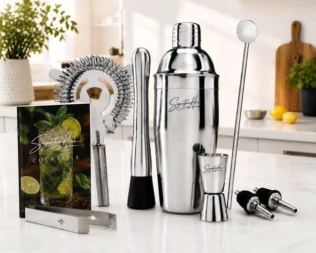 Alt view image 2 of 7 - Cocktail Shaker Set SignatureHour 24 oz Stainless Steel 9-Piece Bartender Kit Jigger, Strainer, Spoon, Muddler, Pourers & Recipe Book Gift for Birthdays, Christmas & Housewarmings