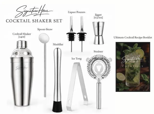 Alt view image 3 of 7 - Cocktail Shaker Set SignatureHour 24 oz Stainless Steel 9-Piece Bartender Kit Jigger, Strainer, Spoon, Muddler, Pourers & Recipe Book Gift for Birthdays, Christmas & Housewarmings