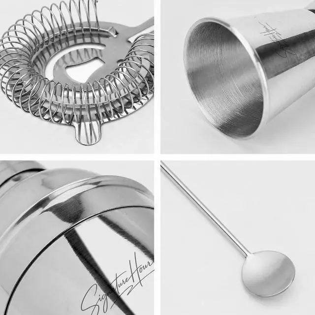 Alt view image 6 of 7 - Cocktail Shaker Set SignatureHour 24 oz Stainless Steel 9-Piece Bartender Kit Jigger, Strainer, Spoon, Muddler, Pourers & Recipe Book Gift for Birthdays, Christmas & Housewarmings