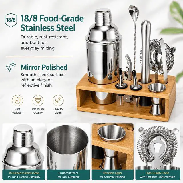Alt view image 3 of 7 - Cocktail Shaker Set, 18/8 Food-Grade Stainless Steel Mixology Bartender Kit 10-Piece Bar Tools with Stylish Bamboo Stand - Rust-Proof & Dishwasher Safe - Professional Martini Shaker Gift for Men, Dad