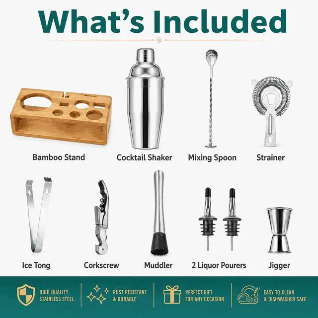 Alt view image 2 of 7 - Cocktail Shaker Set, 18/8 Food-Grade Stainless Steel Mixology Bartender Kit 10-Piece Bar Tools with Stylish Bamboo Stand - Rust-Proof & Dishwasher Safe - Professional Martini Shaker Gift for Men, Dad