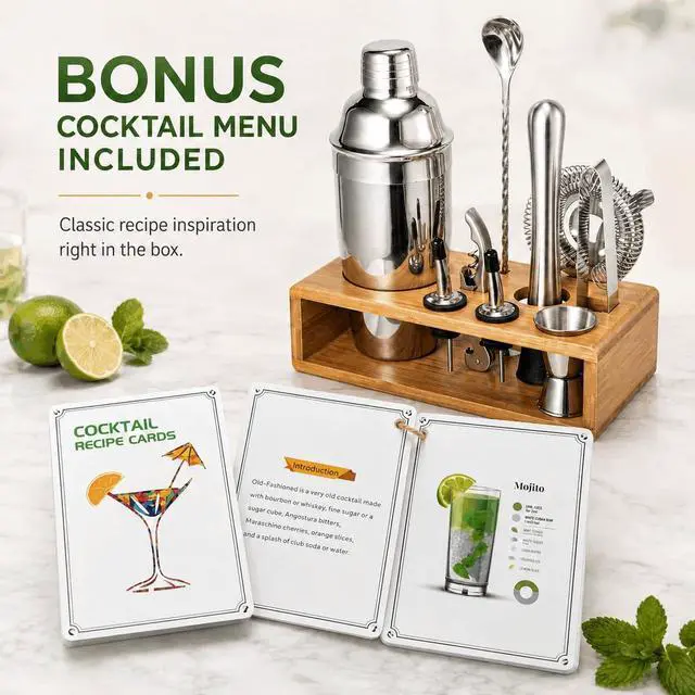 Alt view image 5 of 7 - Cocktail Shaker Set, 18/8 Food-Grade Stainless Steel Mixology Bartender Kit 10-Piece Bar Tools with Stylish Bamboo Stand - Rust-Proof & Dishwasher Safe - Professional Martini Shaker Gift for Men, Dad