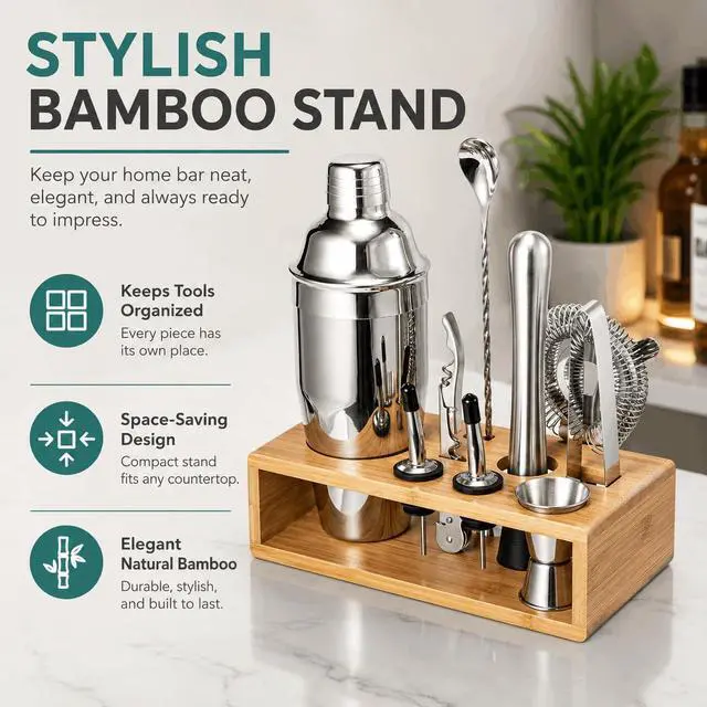 Alt view image 4 of 7 - Cocktail Shaker Set, 18/8 Food-Grade Stainless Steel Mixology Bartender Kit 10-Piece Bar Tools with Stylish Bamboo Stand - Rust-Proof & Dishwasher Safe - Professional Martini Shaker Gift for Men, Dad
