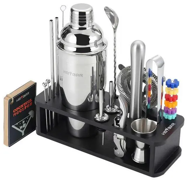 Main image of 22-Piece Cocktail Shaker Set, Mixology Bartender Kit with 24oz Cobbler Shaker, Home Bar Tool Set with Black Bamboo Stand, 39 Recipe Cards, Glass Markers, Gift for Men & Dad