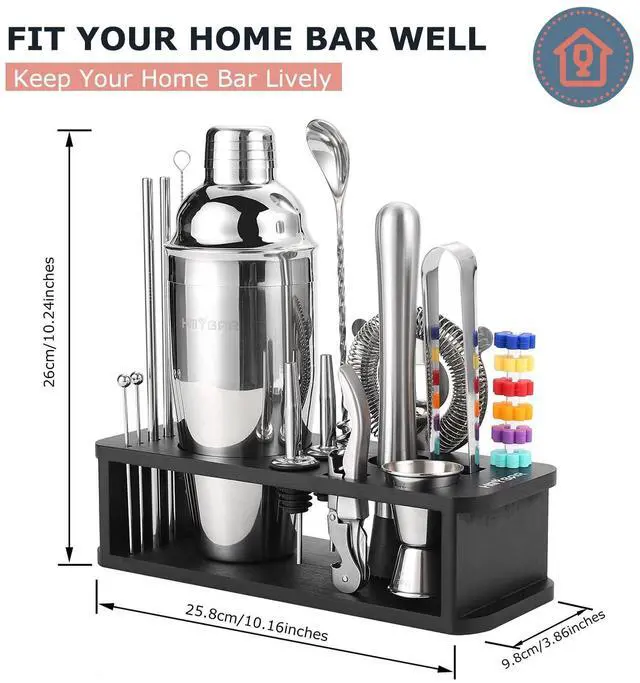 Alt view image 2 of 6 - 22-Piece Cocktail Shaker Set, Mixology Bartender Kit with 24oz Cobbler Shaker, Home Bar Tool Set with Black Bamboo Stand, 39 Recipe Cards, Glass Markers, Gift for Men & Dad
