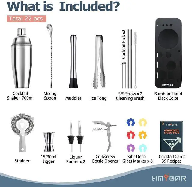 Alt view image 3 of 6 - 22-Piece Cocktail Shaker Set, Mixology Bartender Kit with 24oz Cobbler Shaker, Home Bar Tool Set with Black Bamboo Stand, 39 Recipe Cards, Glass Markers, Gift for Men & Dad