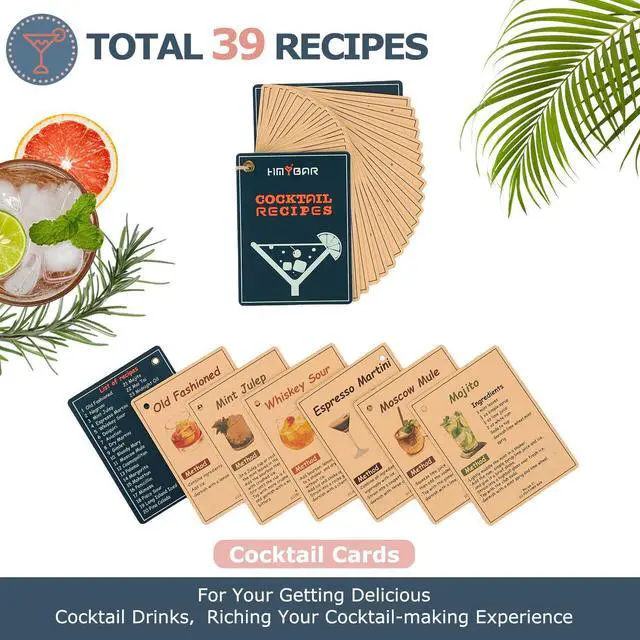 Alt view image 4 of 6 - 22-Piece Cocktail Shaker Set, Mixology Bartender Kit with 24oz Cobbler Shaker, Home Bar Tool Set with Black Bamboo Stand, 39 Recipe Cards, Glass Markers, Gift for Men & Dad