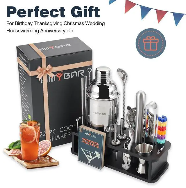 Alt view image 6 of 6 - 22-Piece Cocktail Shaker Set, Mixology Bartender Kit with 24oz Cobbler Shaker, Home Bar Tool Set with Black Bamboo Stand, 39 Recipe Cards, Glass Markers, Gift for Men & Dad