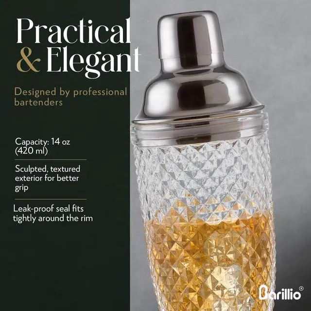 Alt view image 2 of 5 - 14 oz Glass Cocktail Shaker | Cobbler Mixer with Built-In Strainer, Leak-Proof Clear Martini Shaker for Single-Serve Drinks