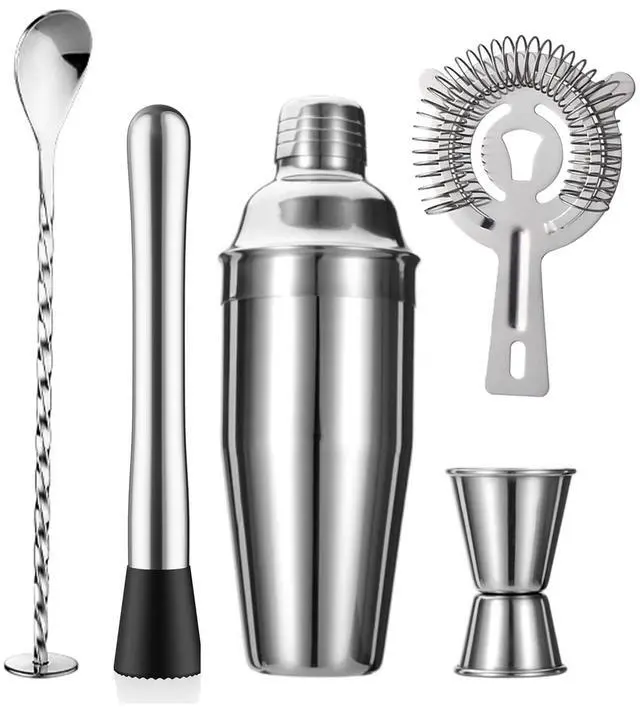 Main image of 5-Piece Cocktail Shaker Set Shaker Strainer Jigger T-Mixing Spoon Muddler Bartender Kit Stainless Steel Bar Set Housewarming Gift