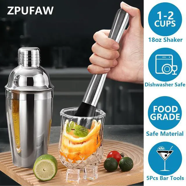 Alt view image 2 of 6 - 5-Piece Cocktail Shaker Set Shaker Strainer Jigger T-Mixing Spoon Muddler Bartender Kit Stainless Steel Bar Set Housewarming Gift