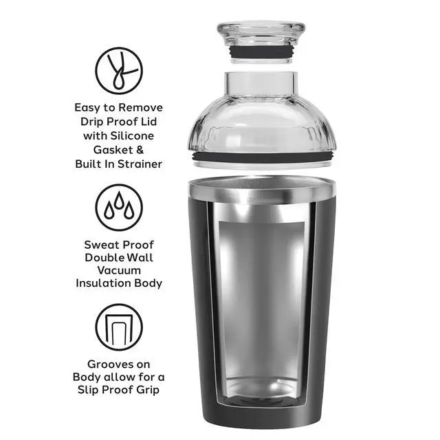 Alt view image 2 of 7 - Groove Insulated Cocktail Shaker-17oz Double Wall Vacuum Insulated Stainless Steel, Tritan Lid has Built In Strainer, Ideal Cocktail Mixer, Martini Shaker, Margarita Shaker, Black