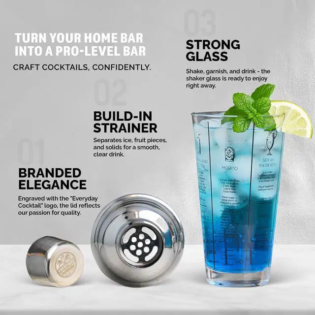 Alt view image 2 of 7 - Professional Glass Cocktail Shaker 14 oz, Martini Shaker with Recipes and Measurements, Built-in Strainer and Leakproof Seal, Clear Bar Tool for Margaritas, Martinis