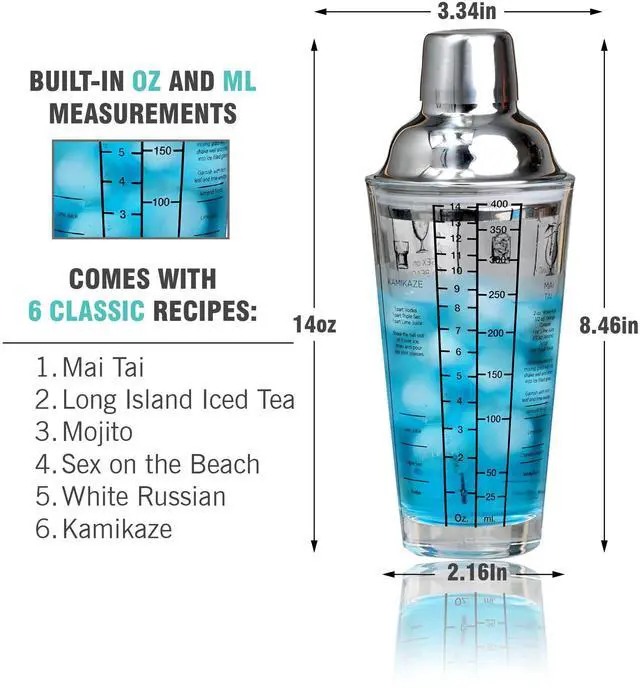 Alt view image 4 of 7 - Professional Glass Cocktail Shaker 14 oz, Martini Shaker with Recipes and Measurements, Built-in Strainer and Leakproof Seal, Clear Bar Tool for Margaritas, Martinis